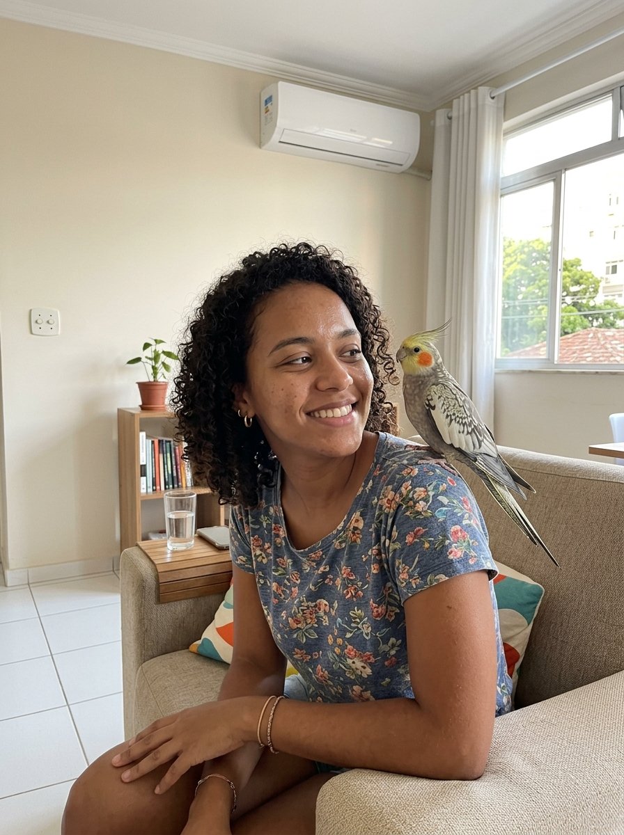 Mulher com a calopsita pousada no ombro, em casa