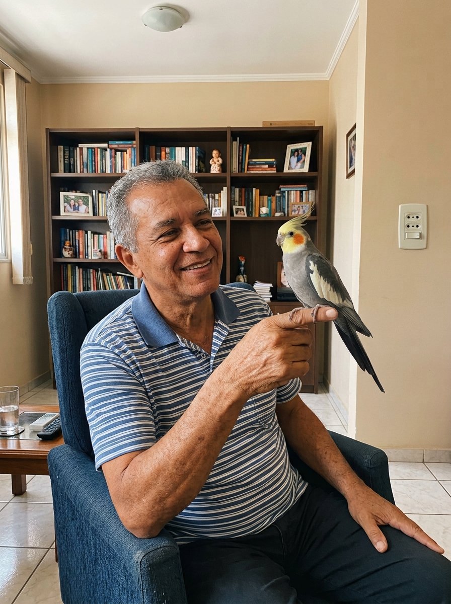 Homem mais velho com a calopsita pousada no dedo