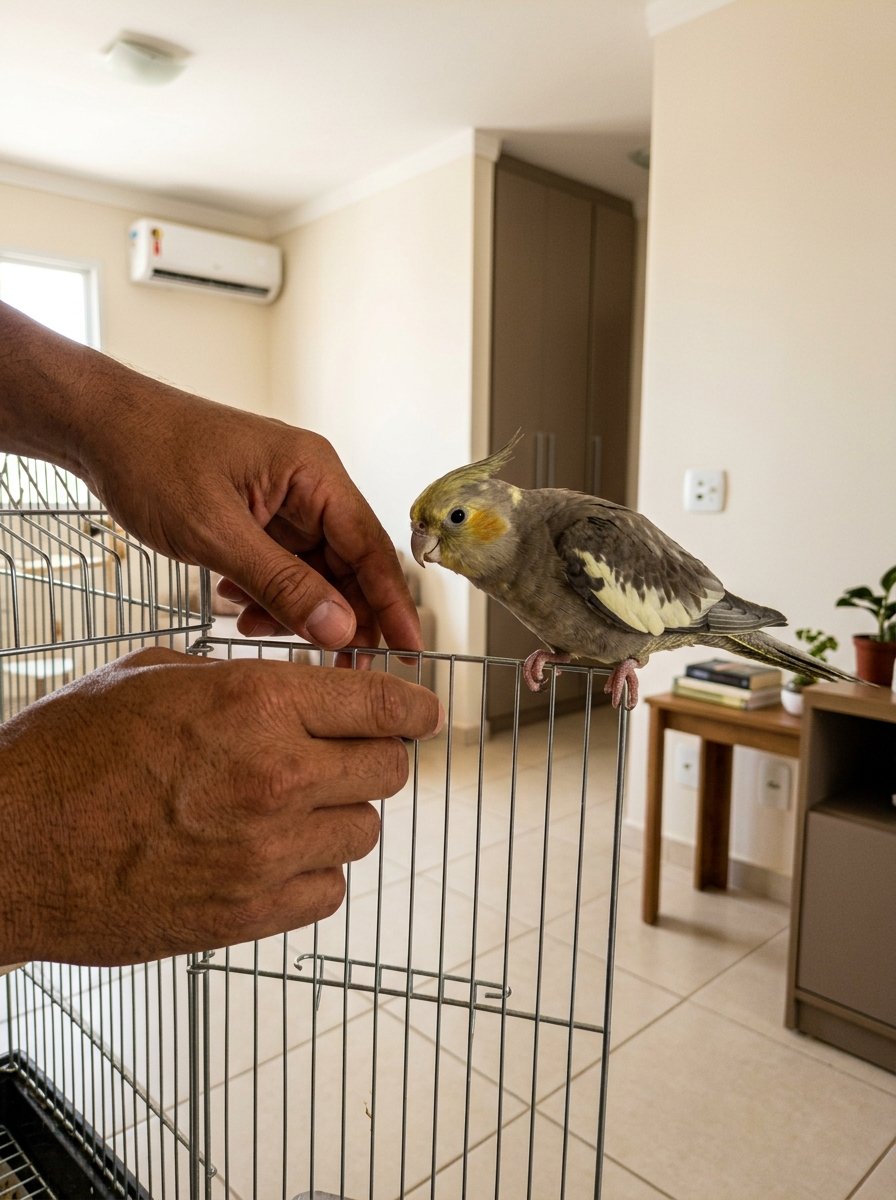 Mãos próximas à gaiola aberta com a calopsita