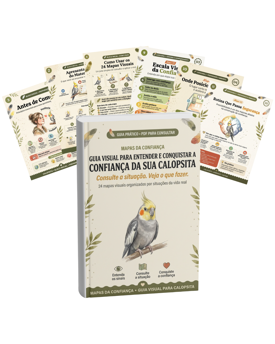 Mockup do guia Mapas da Confiança com páginas de exemplo em leque